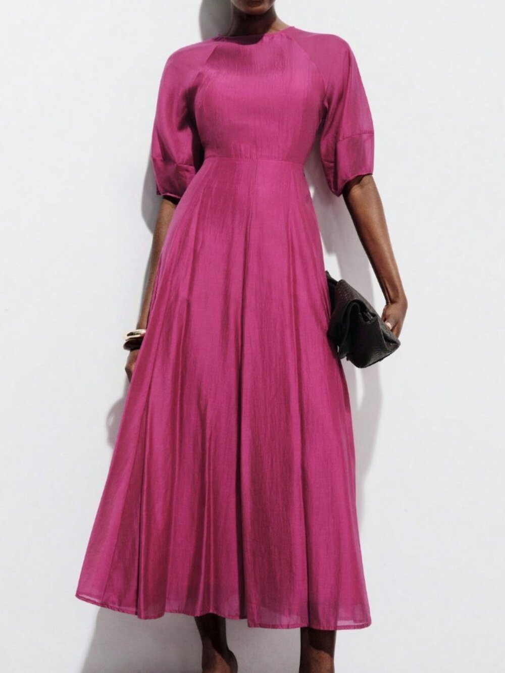 Hot Pink Elegant Women's Sheer Chiffon Puff Sleeve Dress